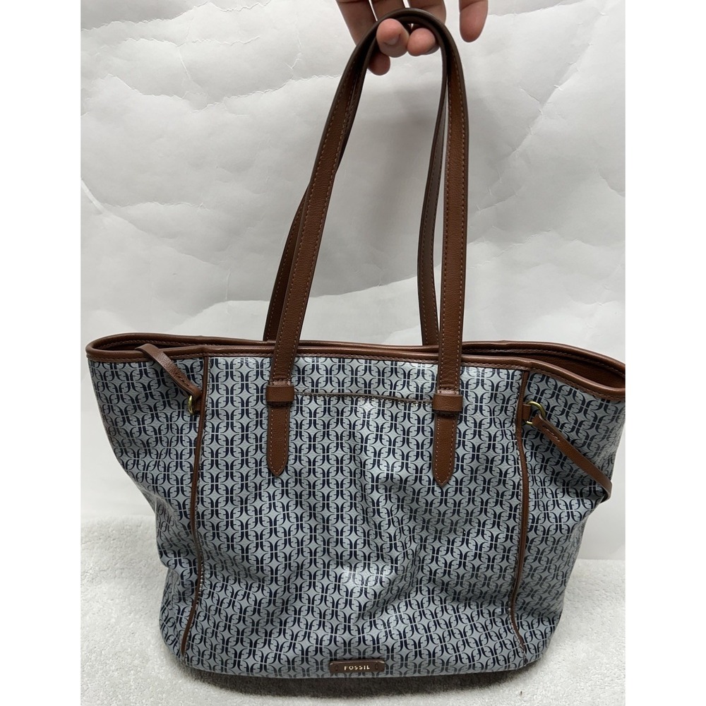 Fossil Womens Blue Leather Strap Charli Printed PVC Tote Bag